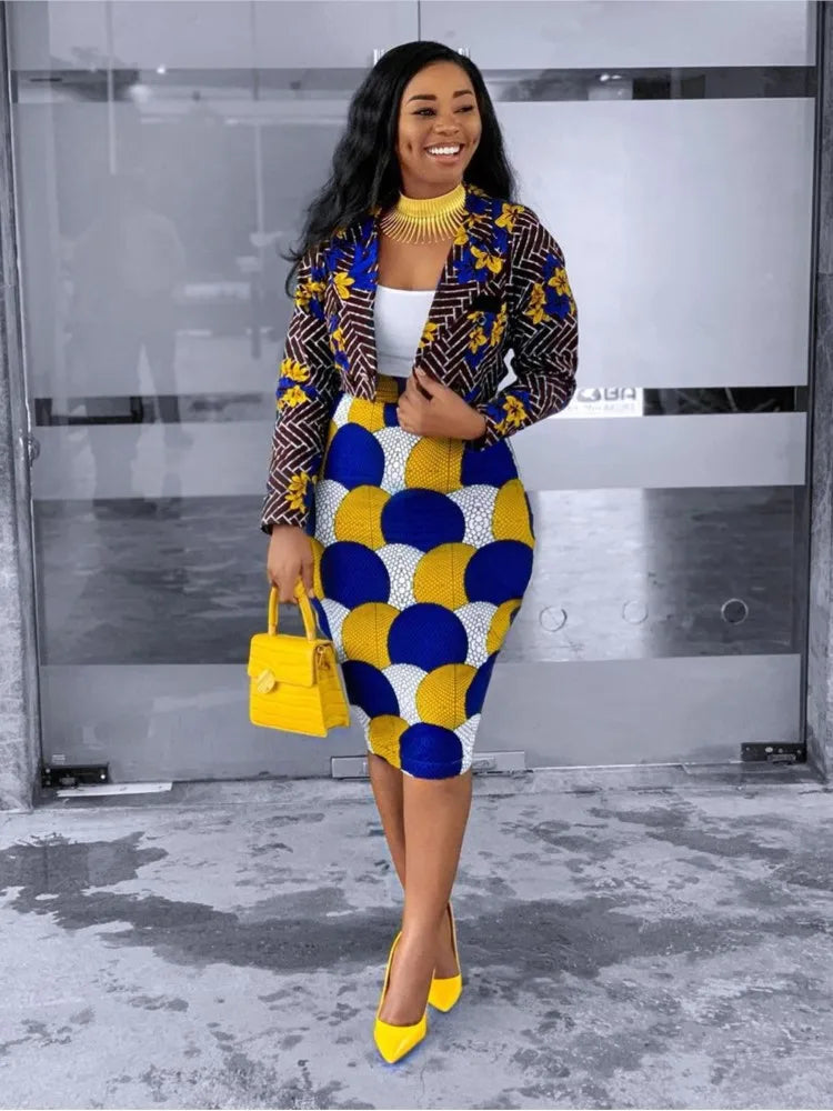 Costume deux pièces pour femmes Dashiki, manches longues, ensemble haut nombril exposé, jupe Midi imprimée, ensemble décontracté pour femmes