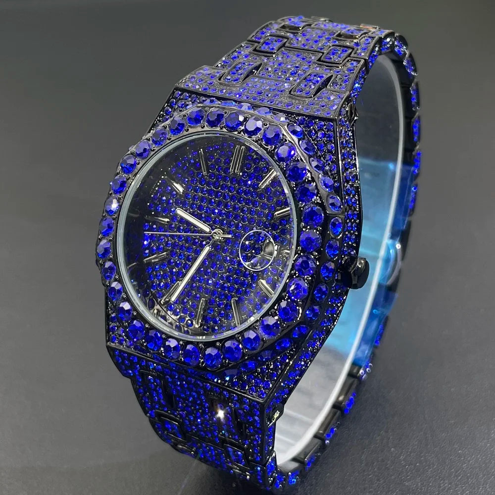 2024 Hip Hop hommes montres à quartz MISSFOX automatique Date glacé montre-bracelet mode bleu diamant bijoux montre pour homme livraison gratuite
