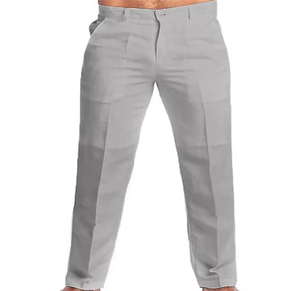 Pantalon en coton et lin pour hommes, Long, décontracté, élégant, taille moyenne, couleur unie, Slim Fit, fermeture éclair, bouton volant