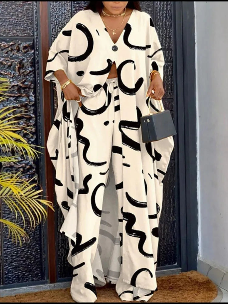 Ensemble haut et pantalon à manches longues pour femmes, col en V, impression de lettres, devant ouvert, décontracté, mode printemps, été, nouveau, 2023