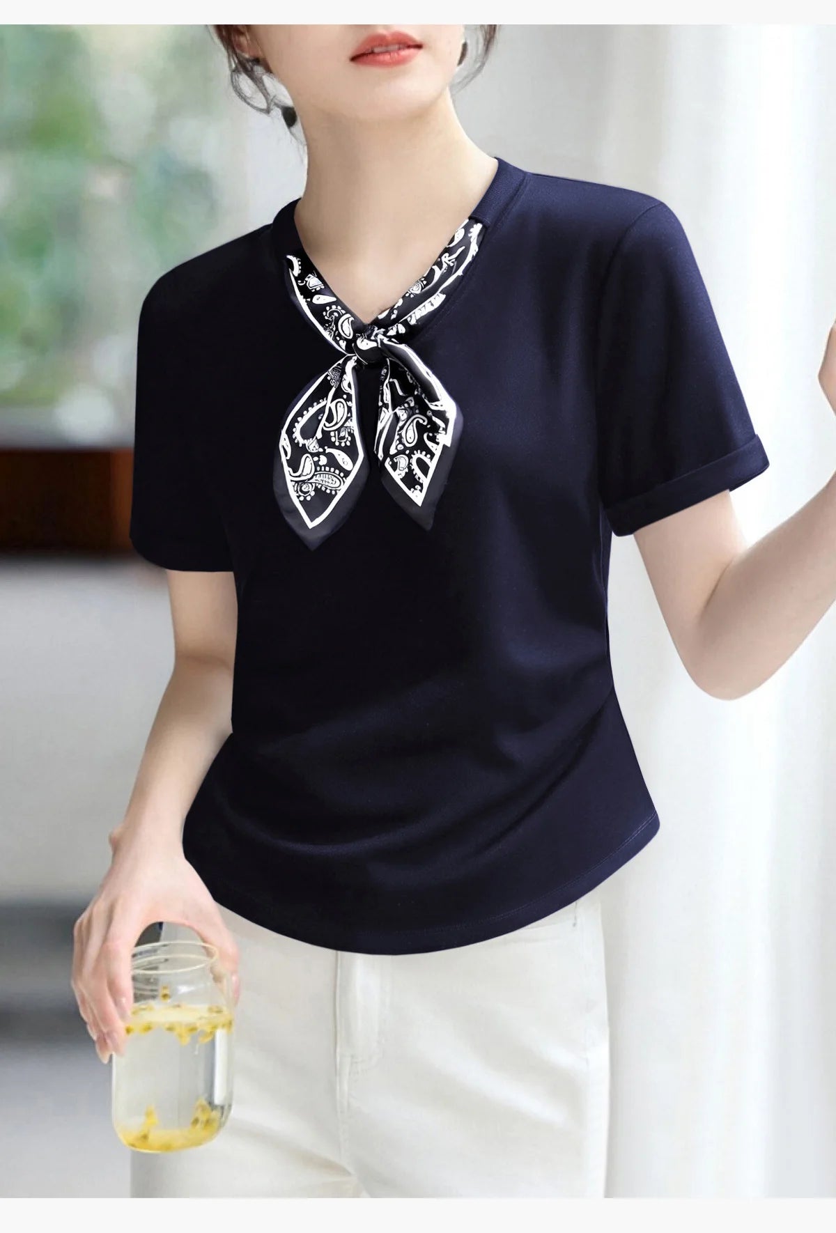 T-Shirt à manches courtes et col en V pour femme, écharpe structurée, épaules froncées, cravate à la taille, amincissante, nouvelle collection 2025