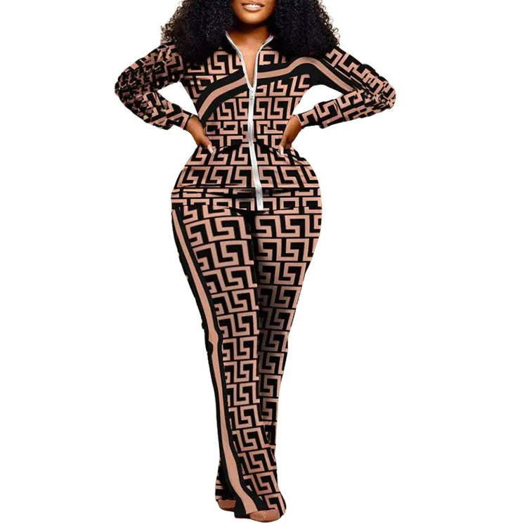 BERAKAH SUPRÊME - ensemble deux pièces femmes tenue automne Denim Look imprimé fermeture éclair conception col montant à manches longues haut et pantalons décontractés ensemble