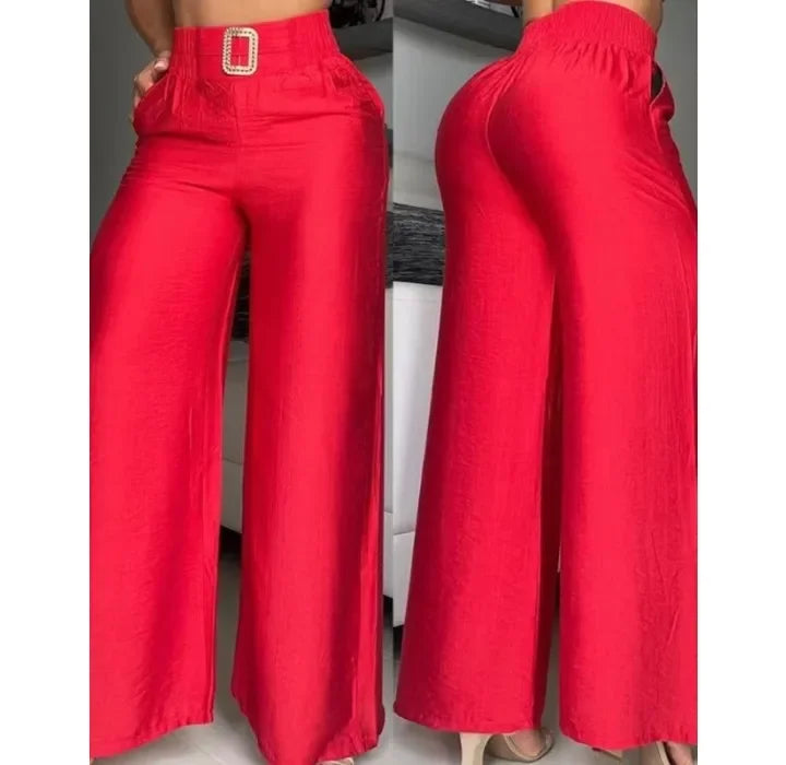 Pantalon élégant pour femmes, mode solide, ample et Slim, haut-parleur décoratif en métal, jambes larges, taille haute, nouvelle collection automne 2024