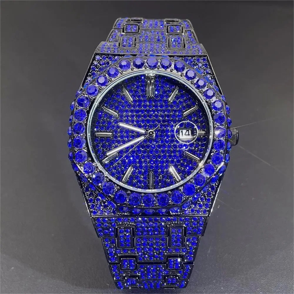 2024 Hip Hop hommes montres à quartz MISSFOX automatique Date glacé montre-bracelet mode bleu diamant bijoux montre pour homme livraison gratuite