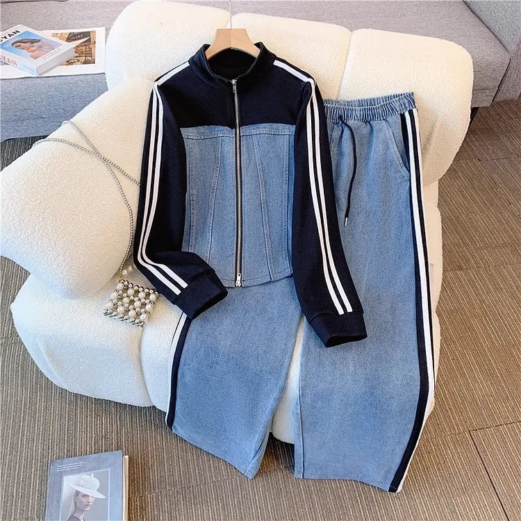 Ensemble pantalon femmes deux pièces ensembles Denim épissure fermeture éclair ensembles assortis manteaux décontractés jambe large pantalons longs à lacets taille élastique 2025