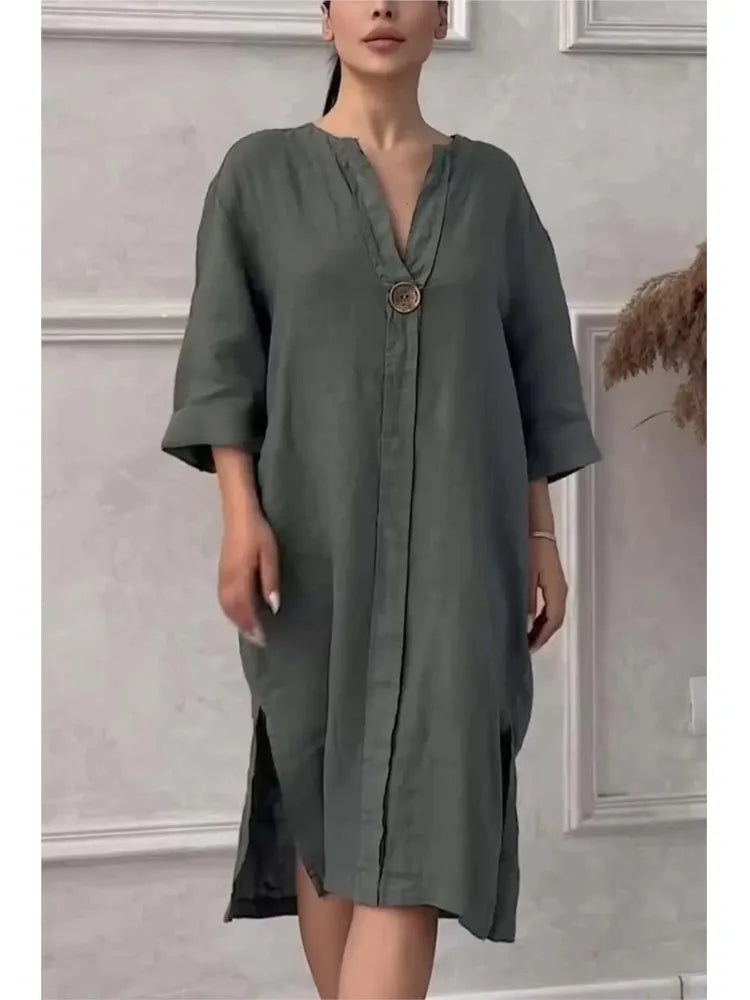 BS - Robe d'été élégante en coton et lin pour femmes, col rond, manches longues, boutons, couleur unie, ample, décontractée, fente latérale, Simple