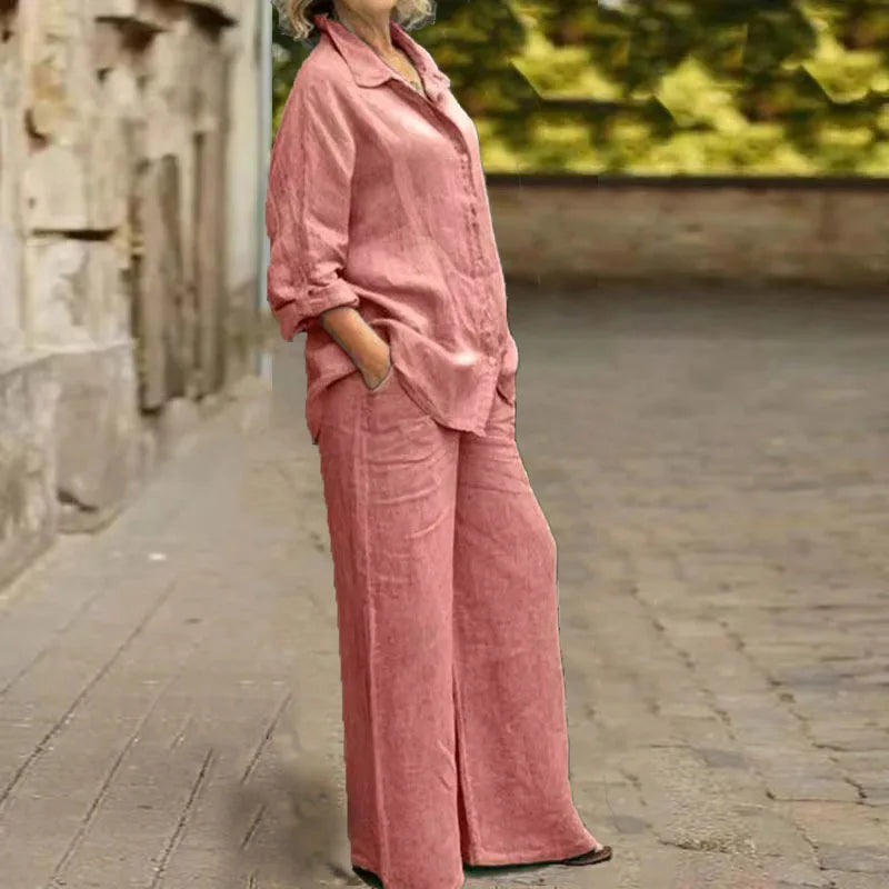 Ensemble 2 pièces en coton et lin pour femmes, chemise à manches longues, jambe large, mode féminine, bureau, printemps, automne
