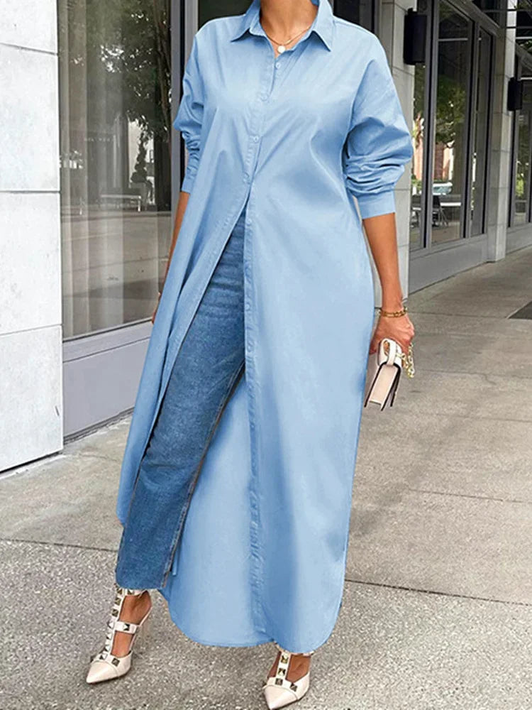 Robe chemise boutonnée à revers pour femmes, robe longue monochrome, streetwear décontracté pour dames, chemise à manches longues pour documents, automne