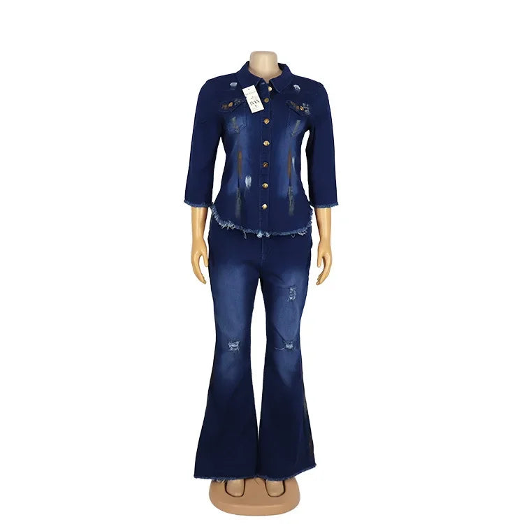 Ensemble deux pièces pour femmes, costume de Cowboy, veste en Jean, simple boutonnage, col rabattu, trou, pantalon évasé, tenues féminines, Ensemble décontracté