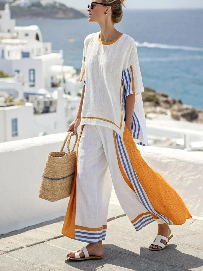 2025 nouvelle rayure femmes mode décontracté ensemble de 2 pièces été haut ample élégant solide bureau vacances pantalon costume femmes vêtements