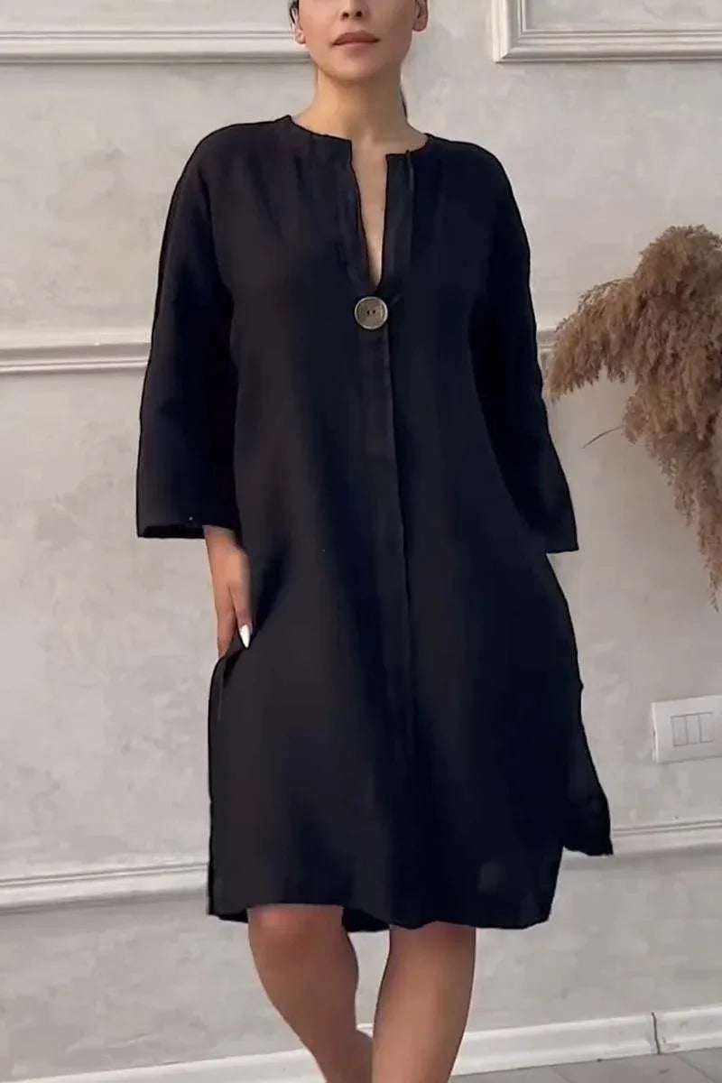 Robe d'été élégante en coton et lin pour femmes, col rond, manches longues, boutons, couleur unie, ample, décontractée, fente latérale, Simple