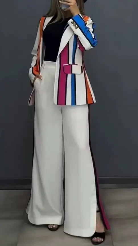Femmes rayé imprimé costumes + pantalons deux pièces ensembles automne hiver décontracté jambe large pantalons ensembles bureau dames élégant manteaux tenues