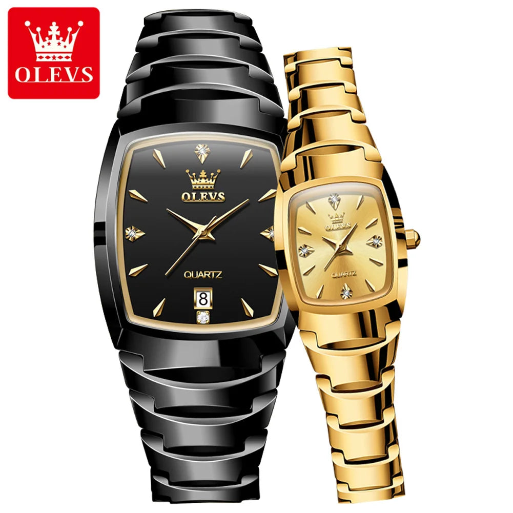 OLEVS-Montre de couple en acier au tungstène Tonneau pour hommes et femmes, marque de luxe, montre à quartz pour amoureux, montre-bracelet étanche, 7006