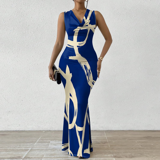 Robes d'invitées de mariage d'été pour femmes sirène élégante motif de rayures artistiques robe Maxi col en V sans manches robe de bal de soirée