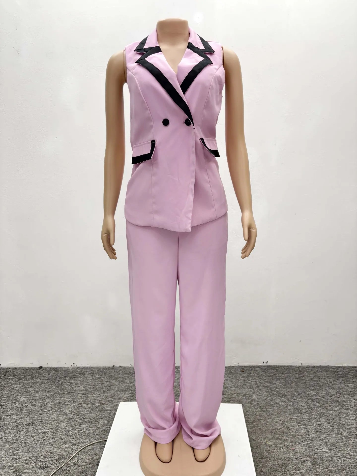 BS -  mode femmes ensemble rayé Patchwork sans manches débardeur Blazer haut et pantalon à jambes larges costume 2025 deux 2 pièces ensembles tenues