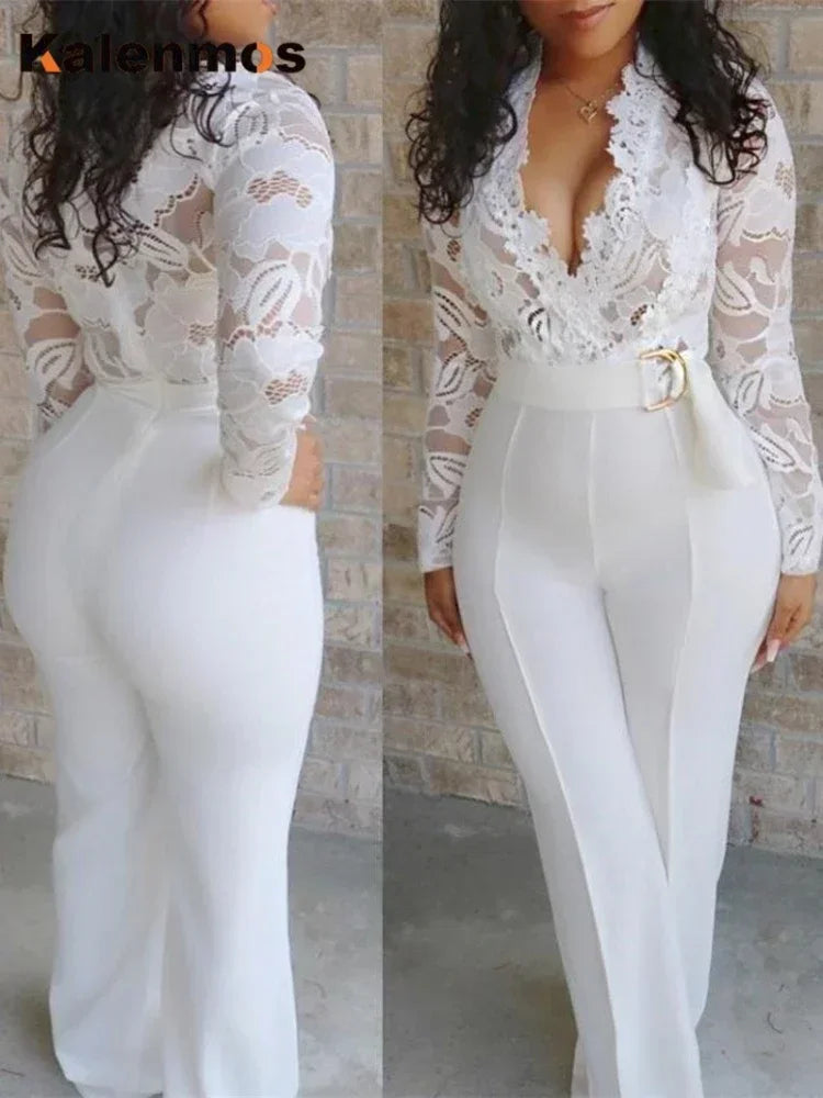 Combinaison blanche en dentelle pour femme, salopette élégante, longue, une pièce, taille haute, plume, soirée de mariage, barboteuses sexy, Y2K
