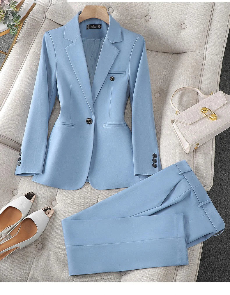Costume Blazer Bleu Décontracté pour Femme, Tenue de Bureau, Manches sulf, Veste à Bouton Unique, Ensemble 2 Pièces, Chic, Mode, Pantalon, Élégant