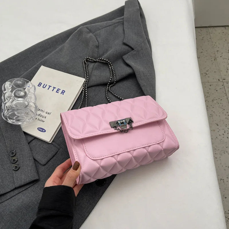 1 sac à bandoulière simple et élégant en grille de diamant, sac à bandoulière avec chaîne en métal, adapté à un usage quotidien de loisirs pour femmes-A-DH