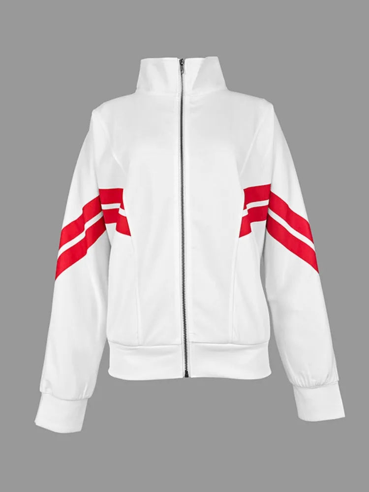 Onecozyday-Manteau à Manches sulfet Col Haut pour Femme, Vêtement Décontracté à Fermeture Éclair, Rayures Latérales, Pantalon Droit Ajusté, Tenue d'Automne