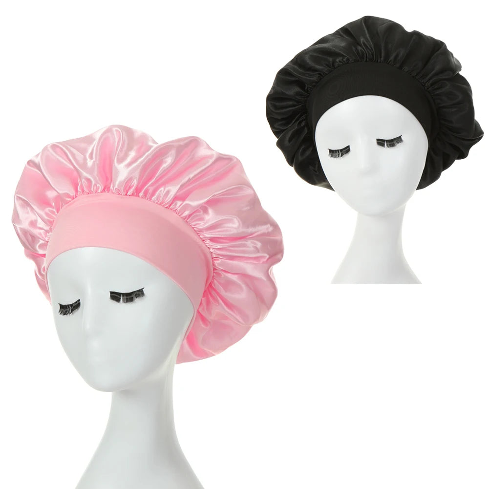 2 pièces lait Imitation soie large bord Satin tissu femmes cheveux chapeau Bonnet bande élastique chapeaux bonnets pour les femmes