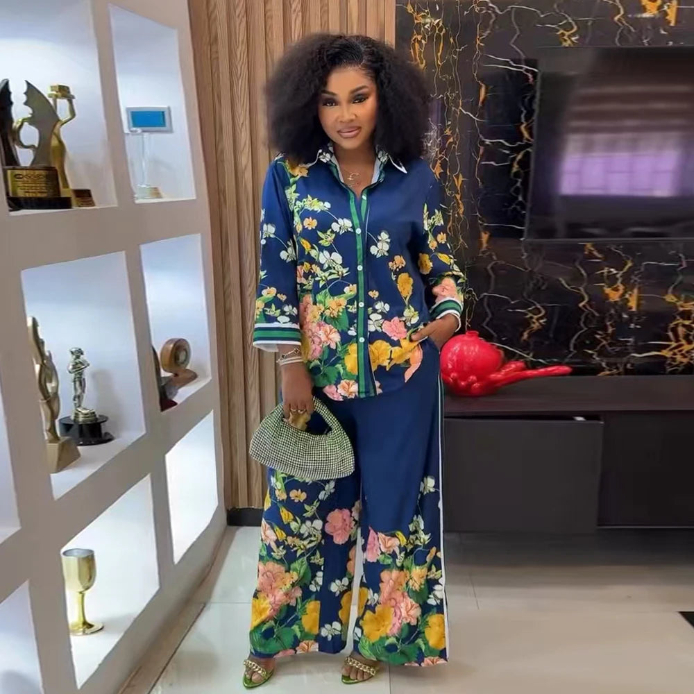 Chemise Vintage décontractée à imprimé Floral pour femmes, col rabattu, pantalon ample, chemisier, ensemble deux pièces, tenues de vacances printemps et été