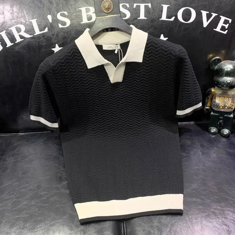 T-shirt à manches courtes en soie glacée pour hommes, pull tricoté à revers contrasté, tendance et personnalisé, décontracté, nouvelle collection été