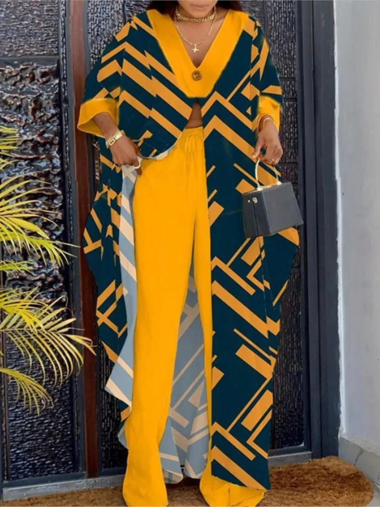 Ensemble haut et pantalon à manches longues pour femmes, col en V, impression de lettres, devant ouvert, décontracté, mode printemps, été, nouveau, 2023