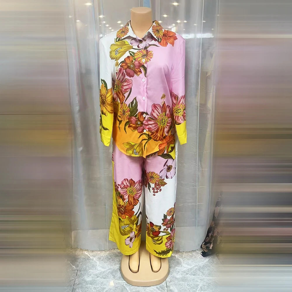 Chemise Vintage décontractée à imprimé Floral pour femmes, col rabattu, pantalon ample, chemisier, ensemble deux pièces, tenues de vacances printemps et été