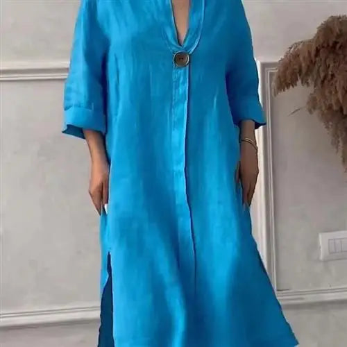 Femmes décontracté boutonné lin irt Long Ne rond couleur Blo vêtements pour animaux de compagnie accessoires