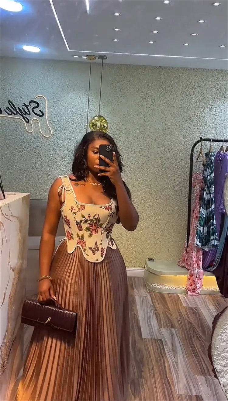 CM.YAYA ensemble femme imprimé fleuri taille cintrée gilet + jupes longues plissées costume 2025 fête soirée rue deux 2 pièces ensemble tenue