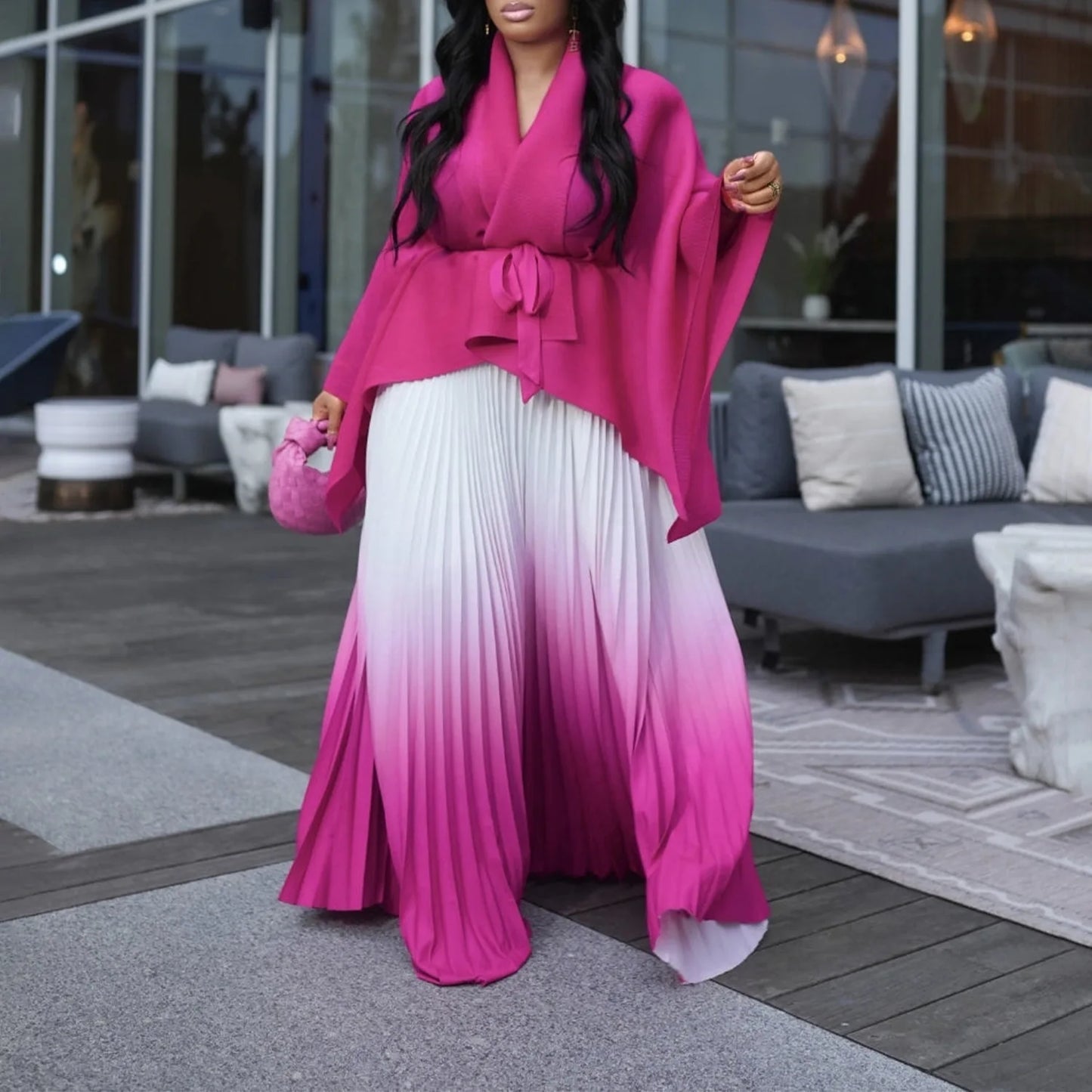 CM.YAYA – ensemble dégradé pour femmes, chemisier à manches longues avec ceinture, chemise et jupes longues plissées, costume de rue, ensemble deux pièces, survêtement