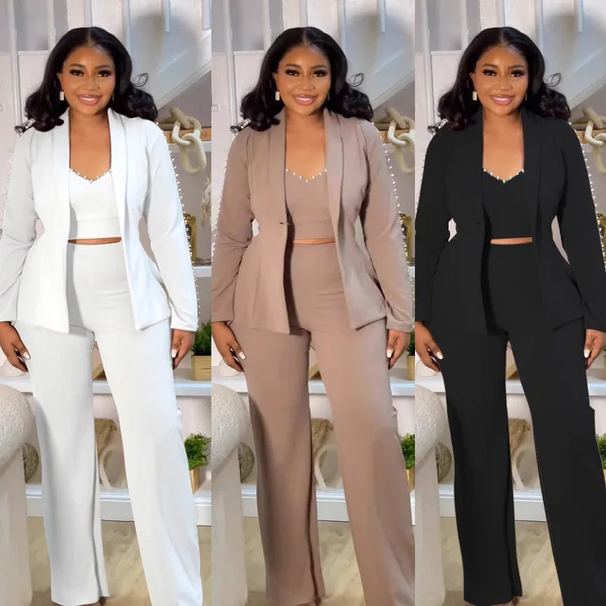 CM.YAYA – costume pantalon élégant pour femmes, Blazer à manches longues + haut assorti, ensemble deux pièces pour travail de rue OL, tenues d'automne en perles, 2025