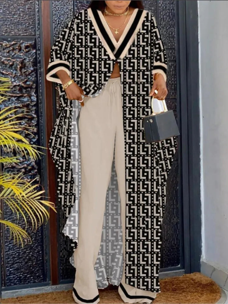 Ensemble haut et pantalon à manches longues pour femmes, col en V, impression de lettres, devant ouvert, décontracté, mode printemps, été, nouveau, 2023