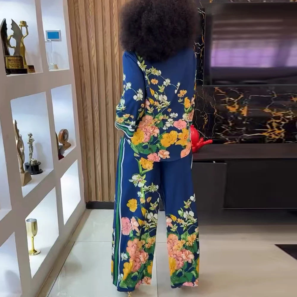 Chemise Vintage décontractée à imprimé Floral pour femmes, col rabattu, pantalon ample, chemisier, ensemble deux pièces, tenues de vacances printemps et été