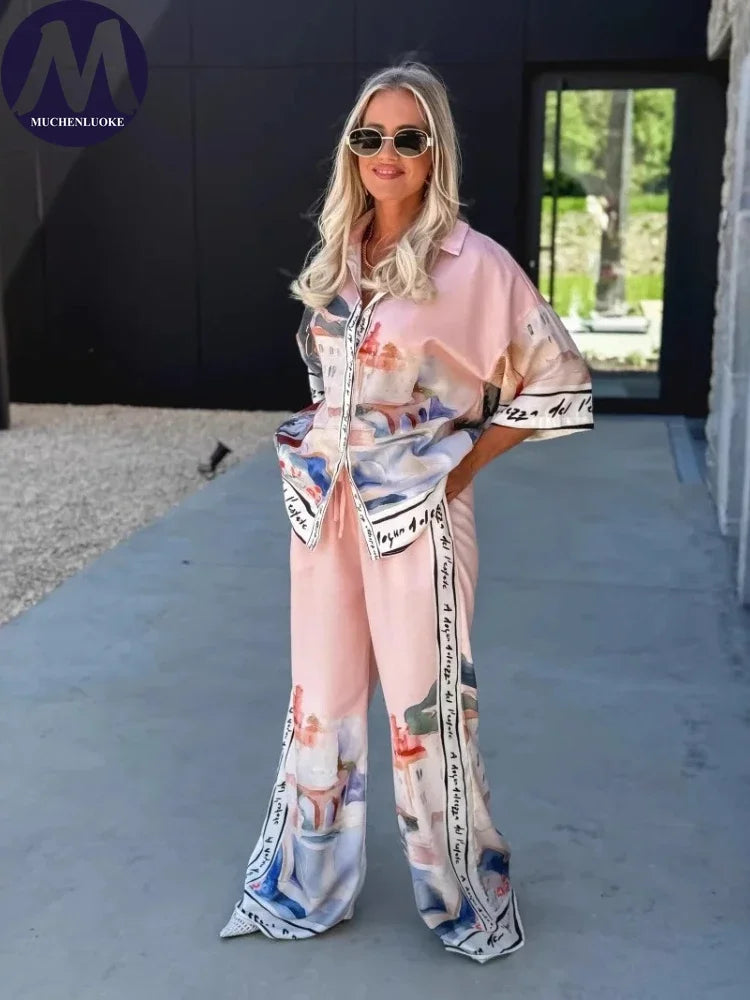 2 pièces ensemble pour femme été nouveau élégant imprimé demi manches chemise hauts costumes à la mode décontracté ample jambe large pantalons ensembles