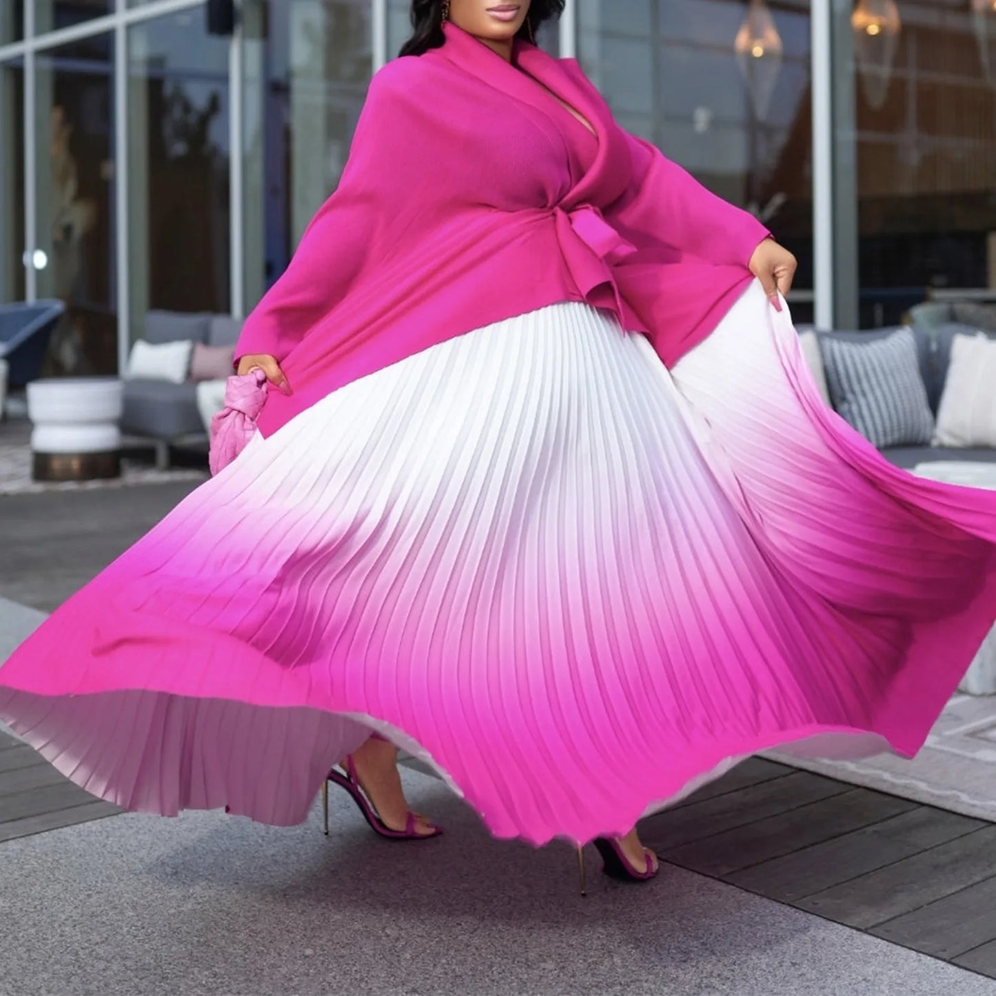 CM.YAYA – ensemble dégradé pour femmes, chemisier à manches longues avec ceinture, chemise et jupes longues plissées, costume de rue, ensemble deux pièces, survêtement