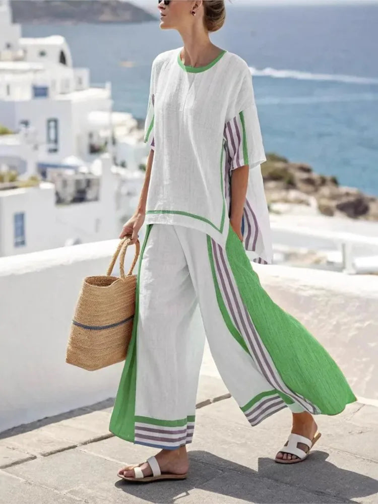 2025 nouvelle rayure femmes mode décontracté ensemble de 2 pièces été haut ample élégant solide bureau vacances pantalon costume femmes vêtements