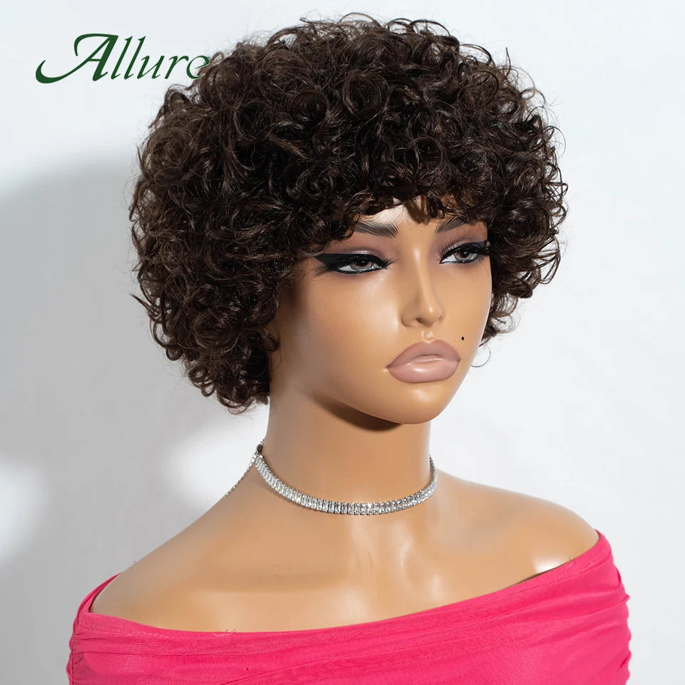 Jerry bouclés perruques de cheveux humains pour les femmes noires 10 pouces court Pixie Afro crépus bouclés perruque avec frange brun couleur cheveux perruques Allure
