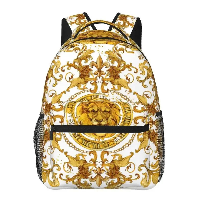 Sacs à dos de discussion dorés à motif baroque, sac d'école léger, sac à livres étudiant, sac à dos unisexe pour ordinateur portable, voyage, randonnée, camping