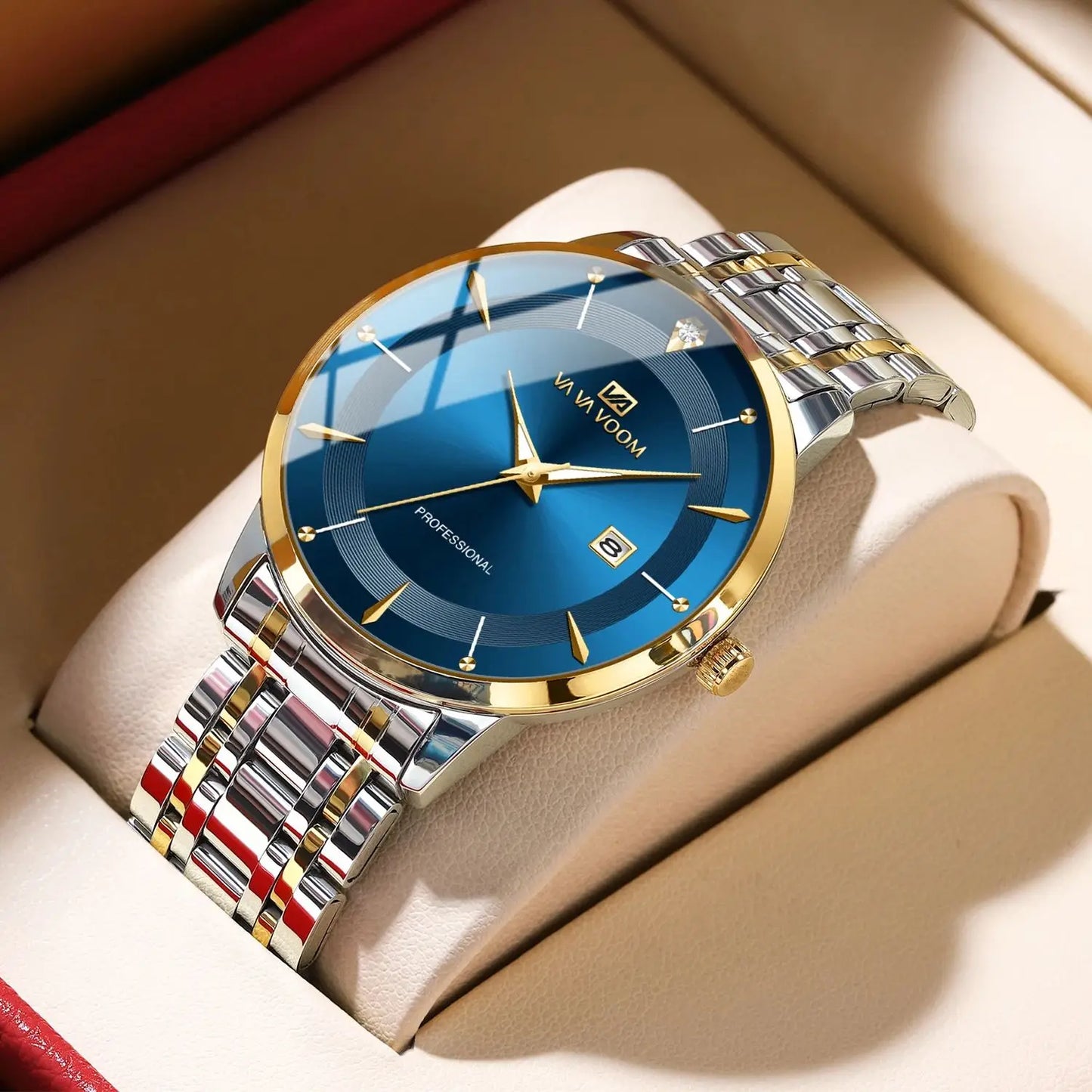 2024 nouveaux hommes montre en acier inoxydable Style d'affaires de luxe strass 43mm bleu or Quartz mouvement montre-bracelet Relogios Masculino