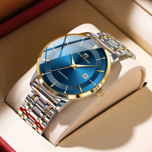 2024 nouveaux hommes montre en acier inoxydable Style d'affaires de luxe strass 43mm bleu or Quartz mouvement montre-bracelet Relogios Masculino