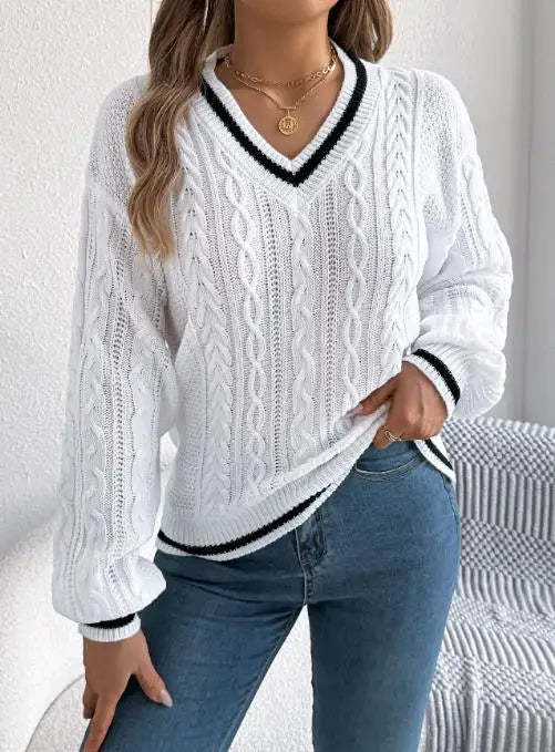 Pull femme 2025 mode Style décontracté automne hiver nouvelle couleur bloquant col en v pâte frite torsion lanterne à manches longues pull