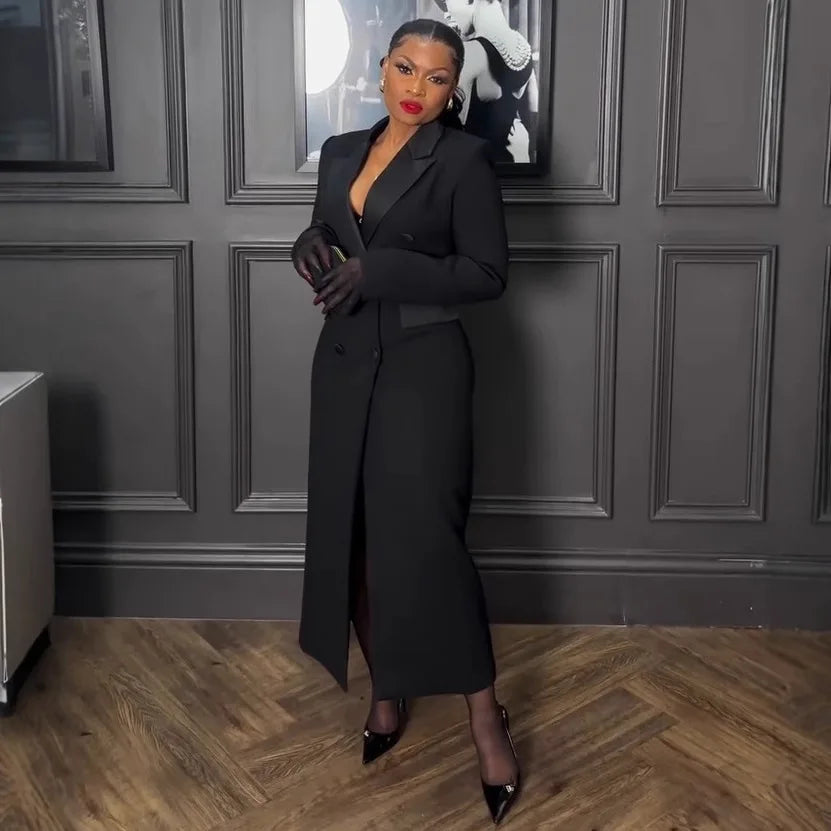 CM.YAYA-Robe longue crantée à manches longues pour femmes, robe de soirée élégante, robe de rue, double boutonnage, sexy, mode, avocat, travail, nuit, printemps