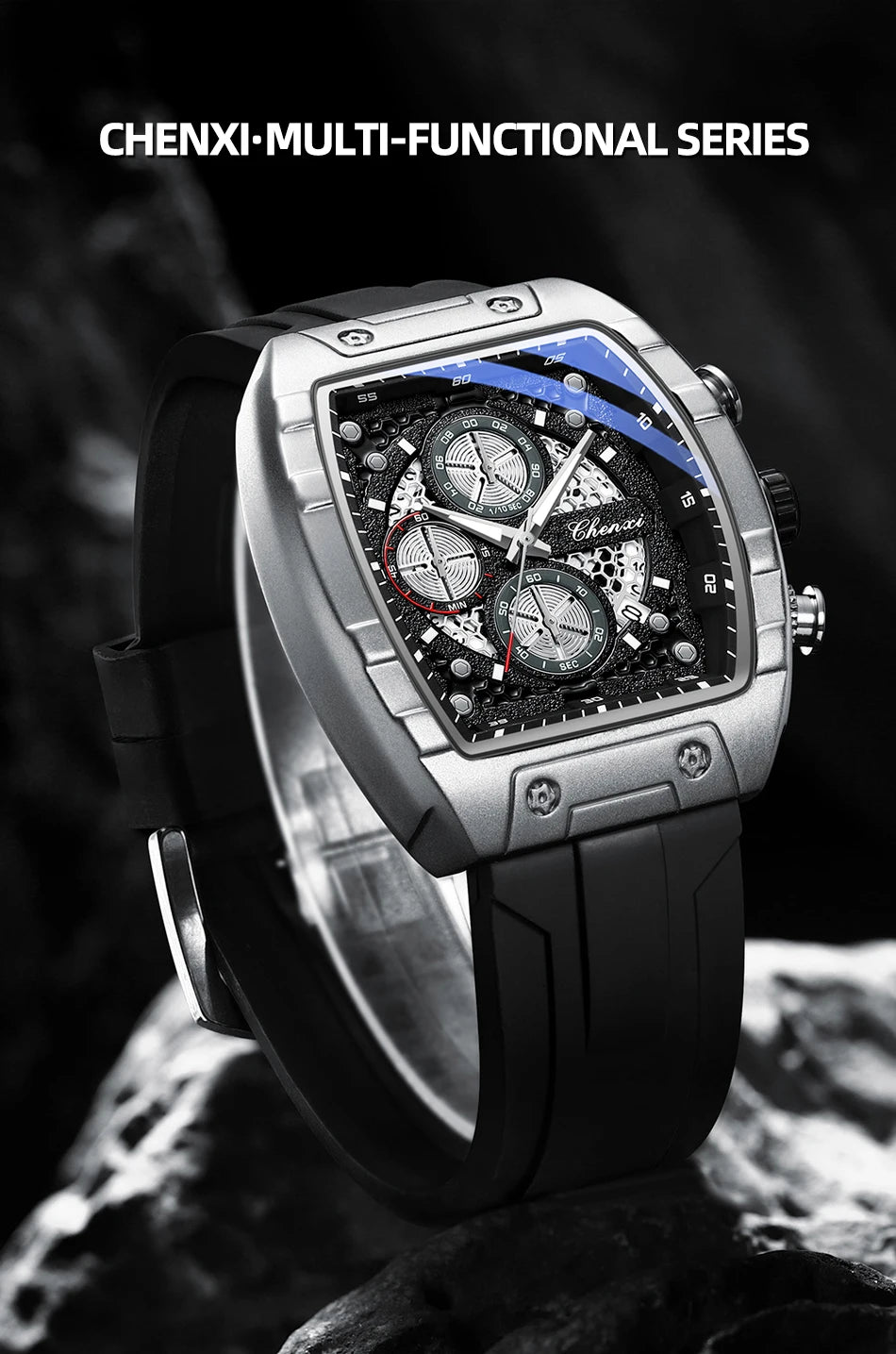 CHENXI-Montre de sport à quartz pour homme, bracelet en silicone noir, chronographe, date, marque originale, mode
