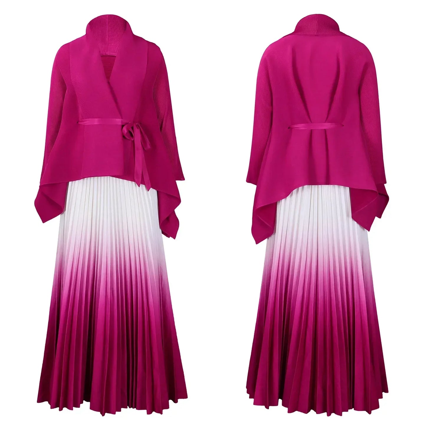 CM.YAYA – ensemble dégradé pour femmes, chemisier à manches longues avec ceinture, chemise et jupes longues plissées, costume de rue, ensemble deux pièces, survêtement