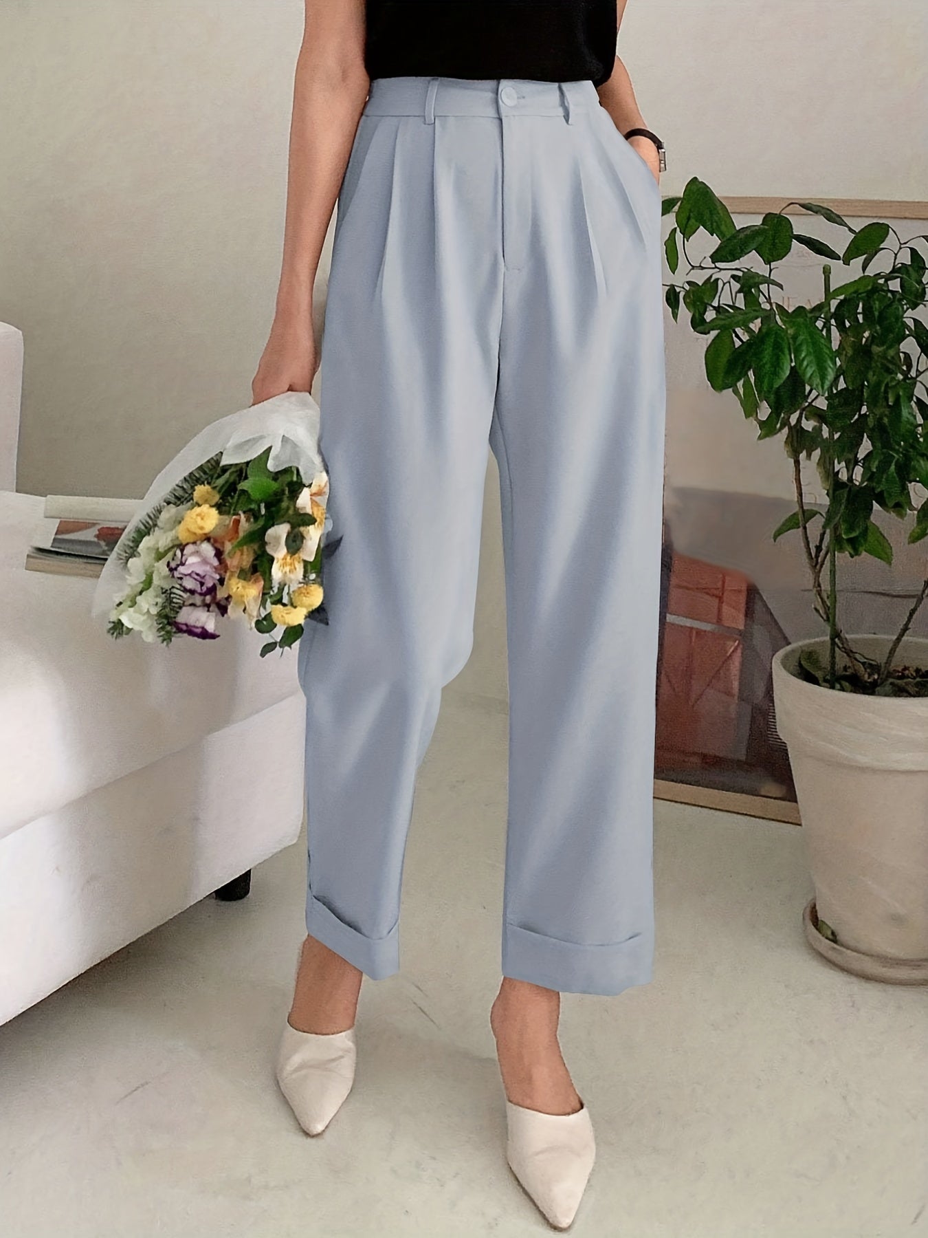 Chic Solid High Waist Pleated Pants - Flattering Draped Design, Straight Leg, Casual Style - Perfect for Womens Wardrobe