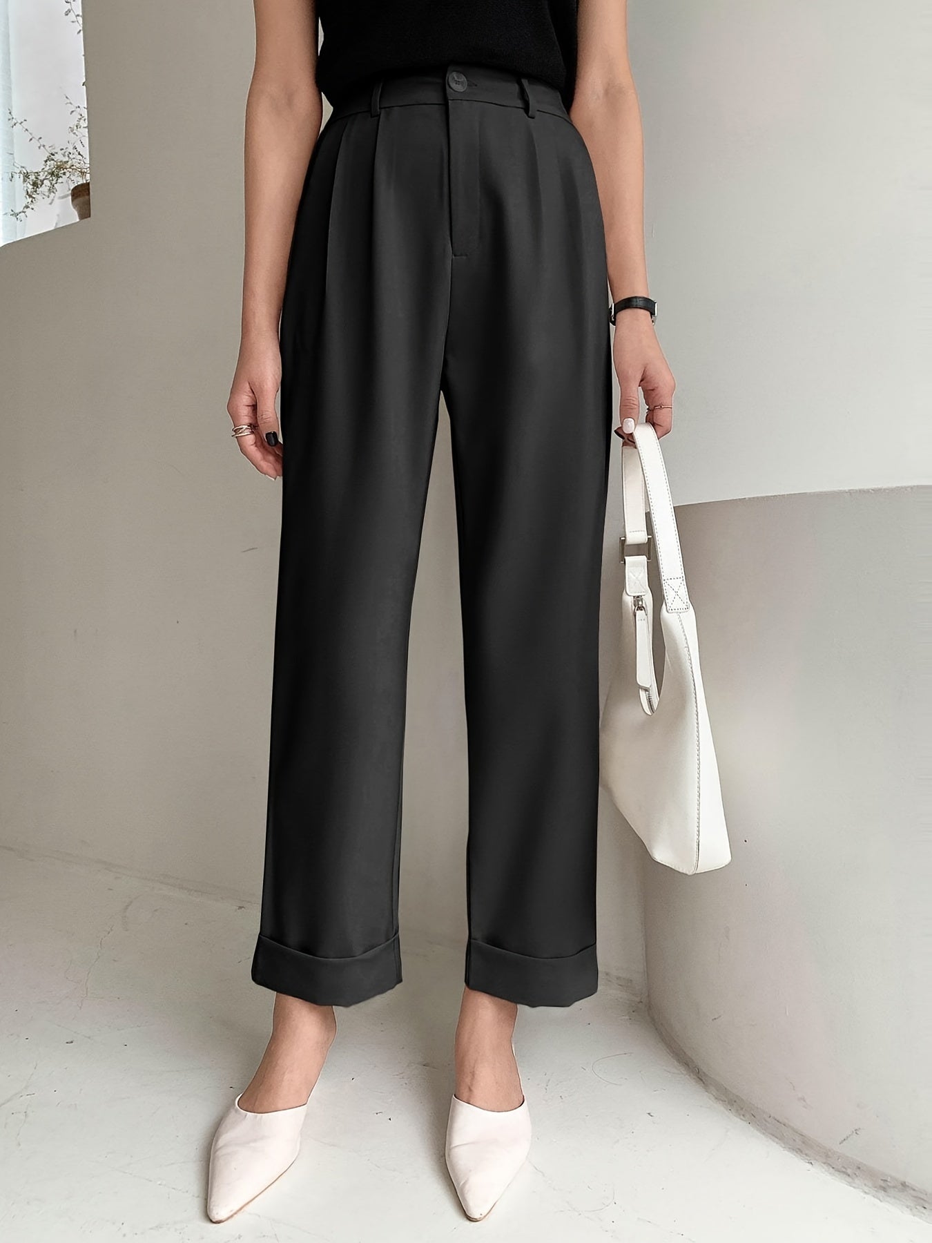 Chic Solid High Waist Pleated Pants - Flattering Draped Design, Straight Leg, Casual Style - Perfect for Womens Wardrobe