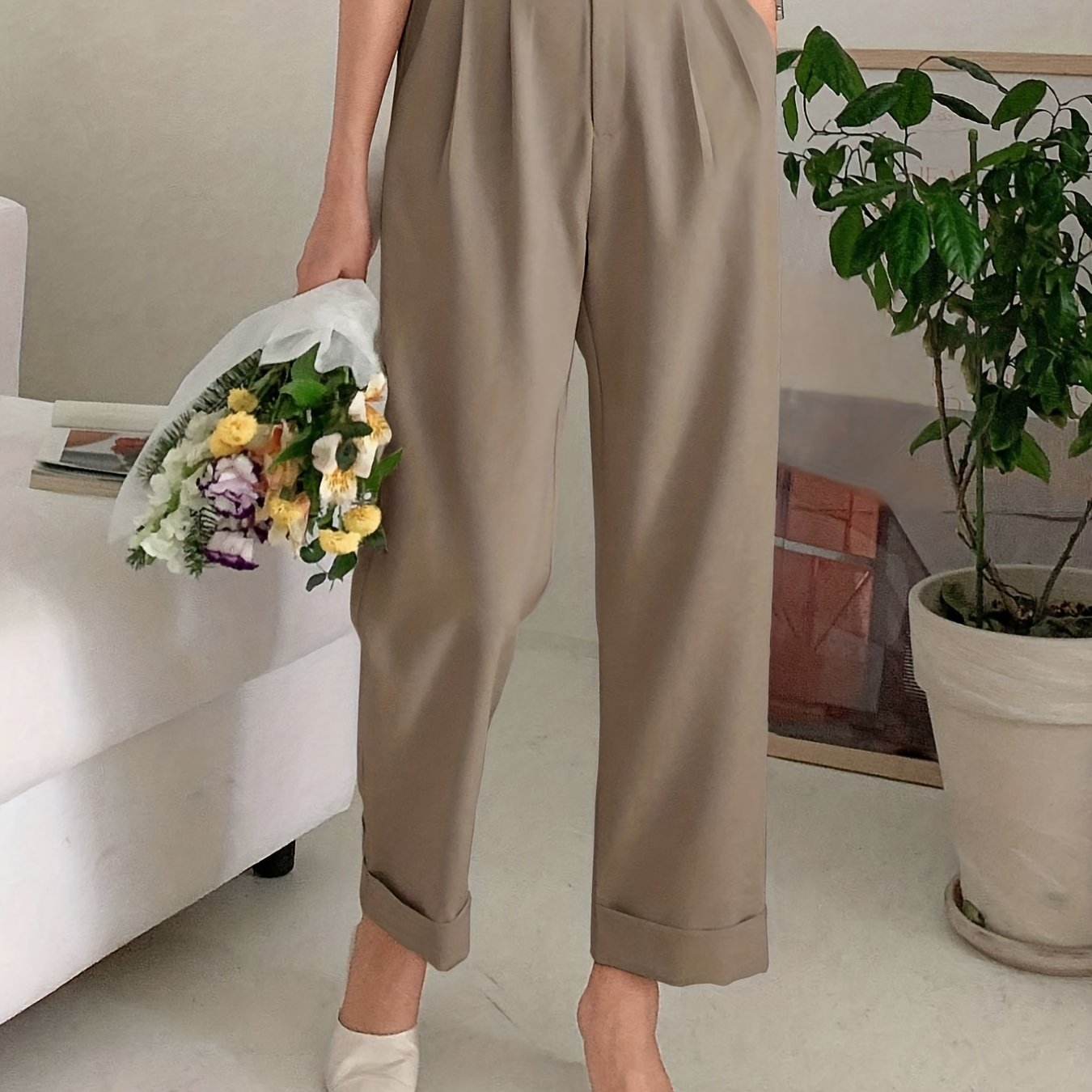 Chic Solid High Waist Pleated Pants - Flattering Draped Design, Straight Leg, Casual Style - Perfect for Womens Wardrobe
