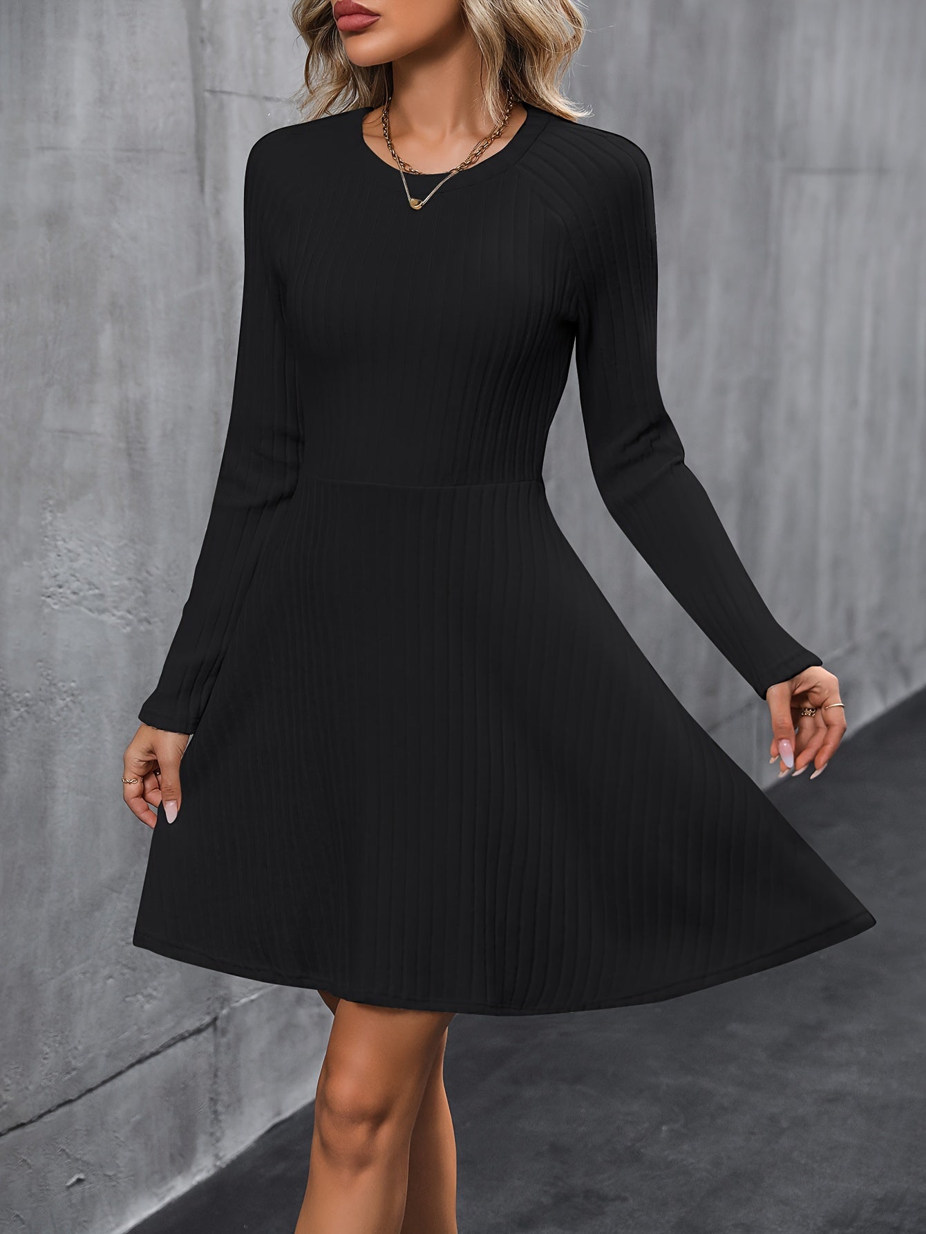 Womens Classic Ribbed Long Sleeve Dress - Stretchy, Solid Color, Elegant Crew Neck - Perfect for Everyday Style