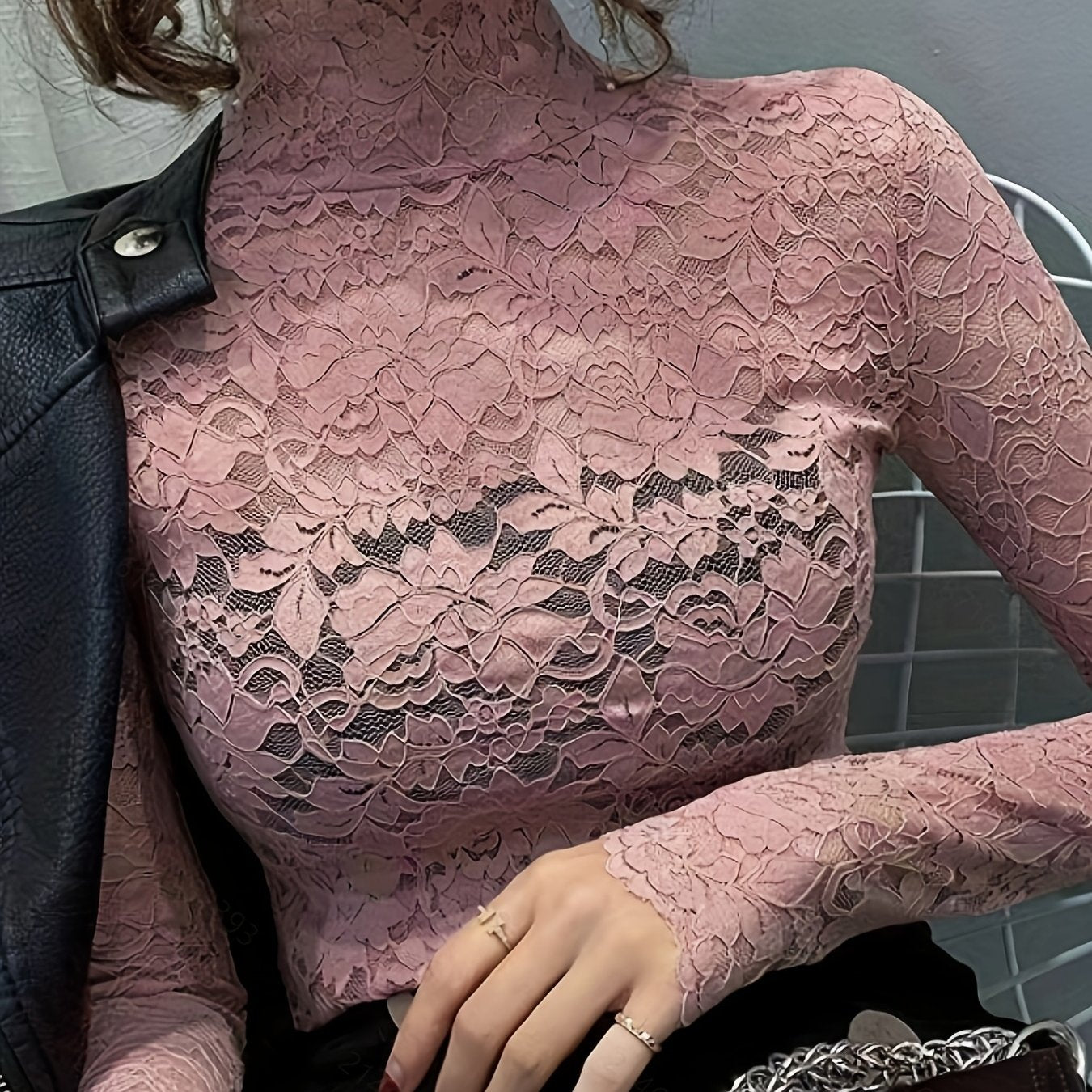 Sexy Lace Mock Neck Long Sleeve Slim Fit Top - Flattering, Breathable, and Comfortable for Spring and Fall - Women's Stylish Clothing for Everyday Wear